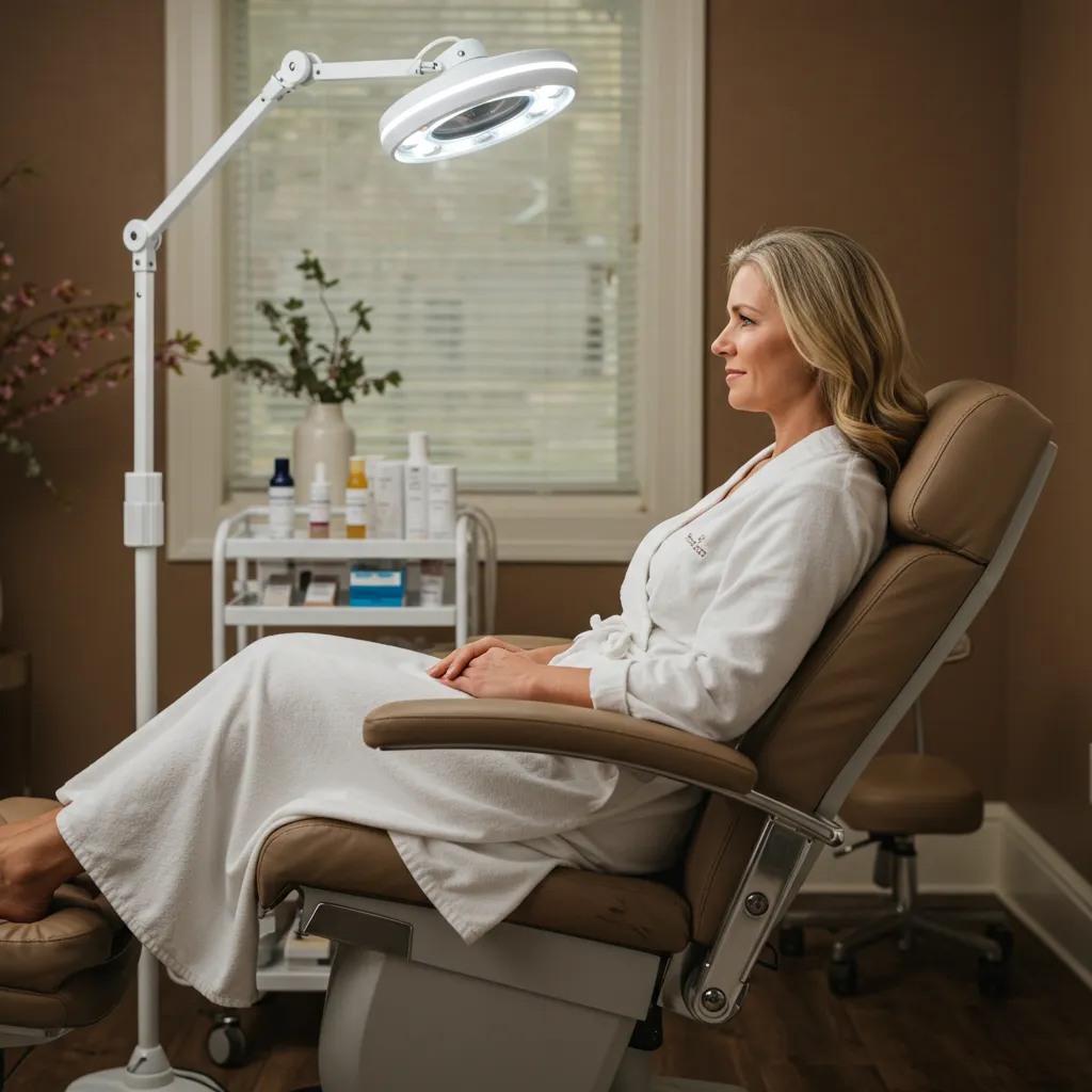 Cliente détente dans un espace de repos d'institut de beauté avec éclairage naturel apaisant