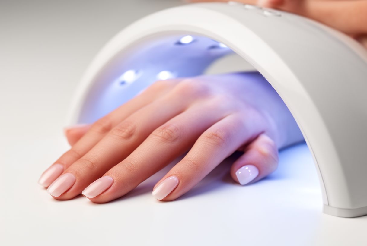 Main sous une lampe LED pour faire durcir un vernis gel