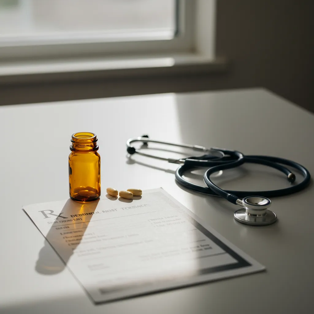 Bureau de dermatologue avec ordonnance médicale, flacon de médicament et stéthoscope – consultation pour prescription d'isotrétinoïne
