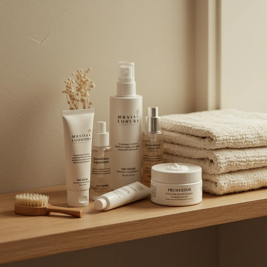 Routine de soin organisée avec exfoliants chimiques et protection solaire sur une étagère de salle de bain