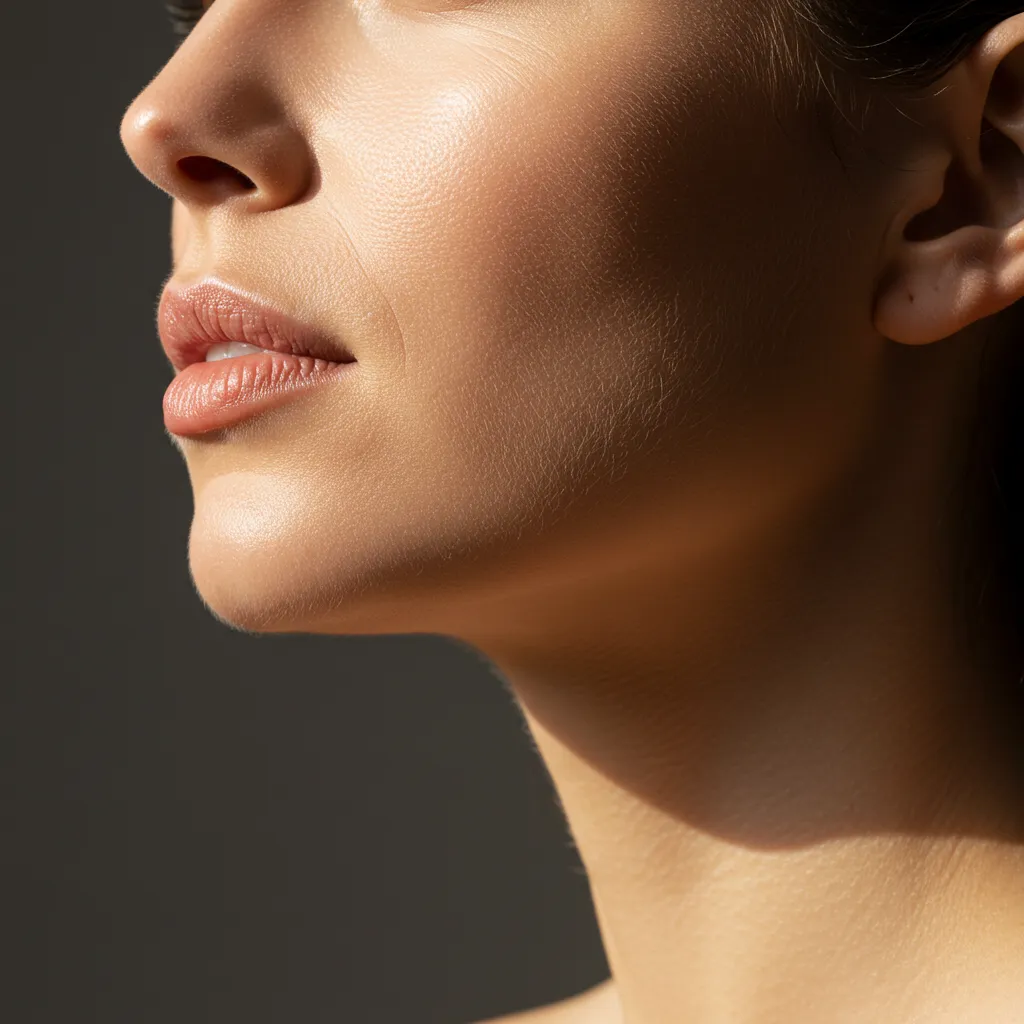 Gros plan sur la zone du menton et de la mâchoire illustrant l'acné hormonale et le face mapping