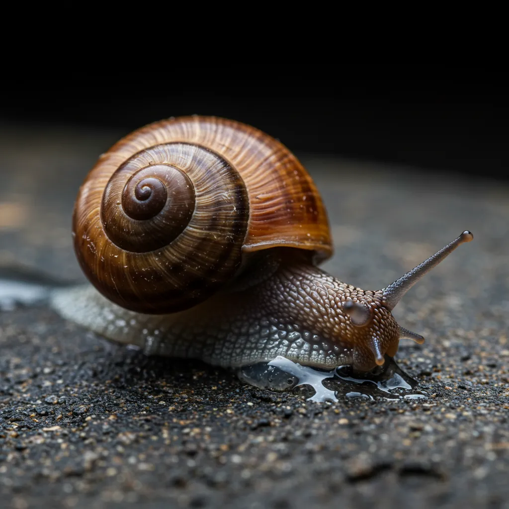 Gros plan sur la bave brillante d'un escargot révélant sa texture riche en actifs cosmétiques