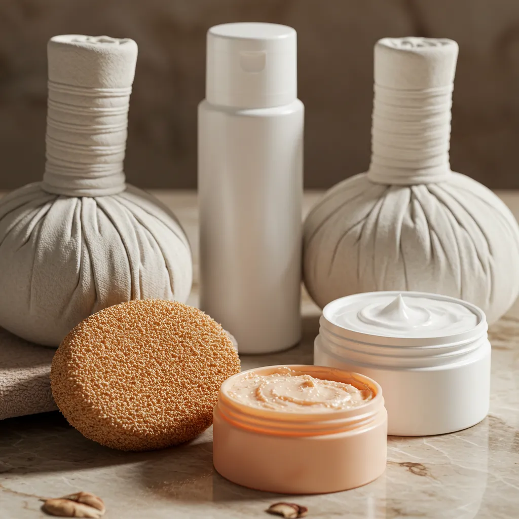 Détail des produits de préparation cutanée avant épilation : gommage doux, crème hydratante et compresse chaude