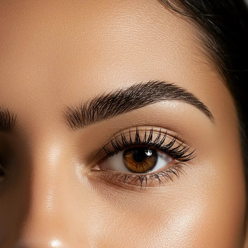 Résultat d'une épilation des sourcils au fil réussie : sourcils parfaitement dessinés et peau lisse après threading