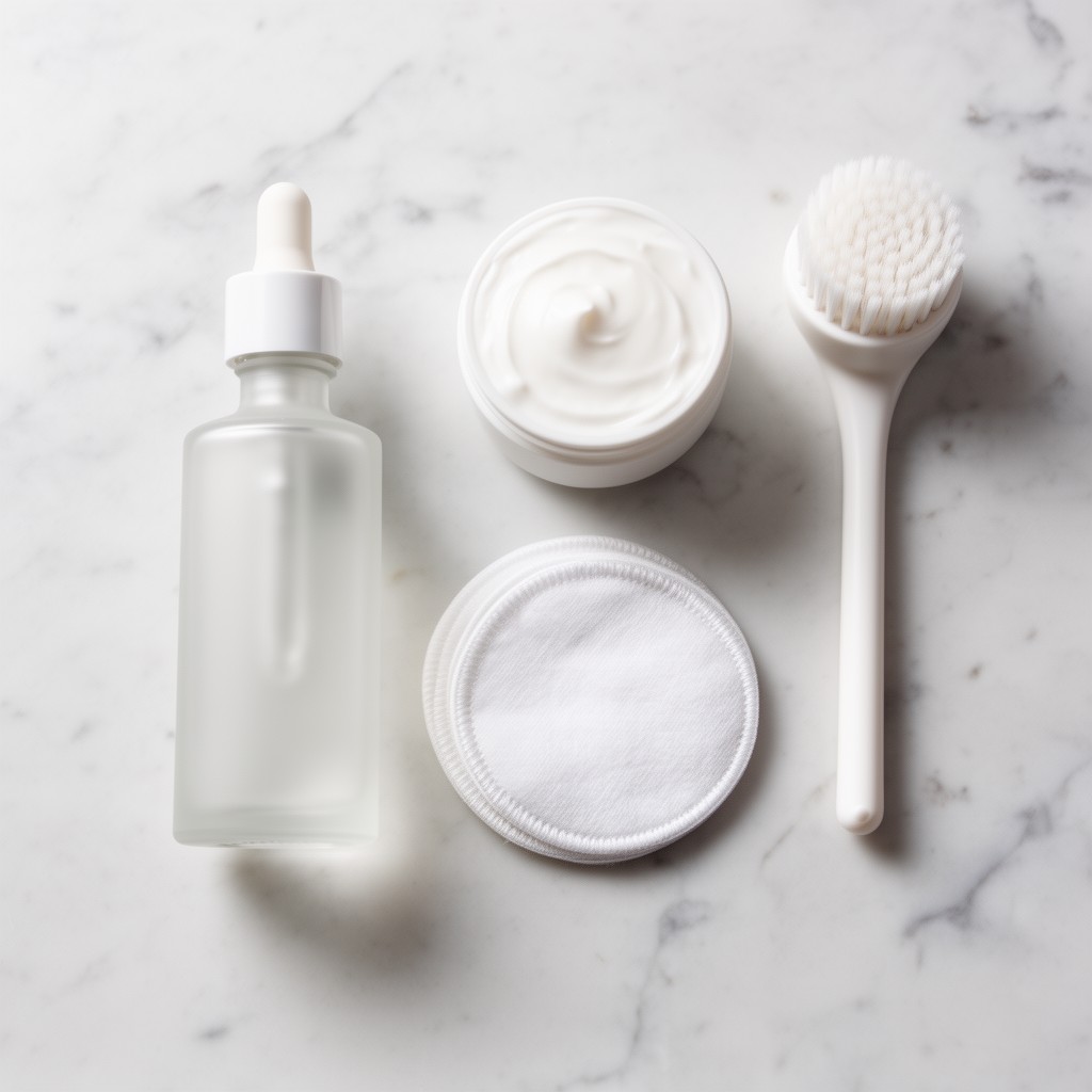 Produits de soin sans étiquette pour une routine anti points noirs sur un plan en marbre