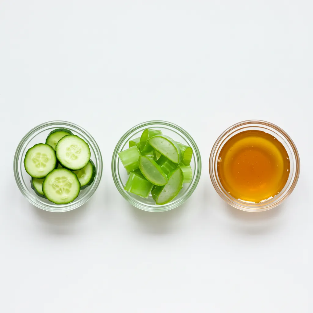 Comparaison visuelle de trois ingrédients naturels pour soins de la peau : concombre, aloe vera et miel