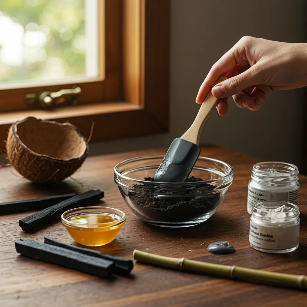 Préparation maison d'un masque DIY au charbon actif avec des ingrédients naturels comme le miel et l'argile