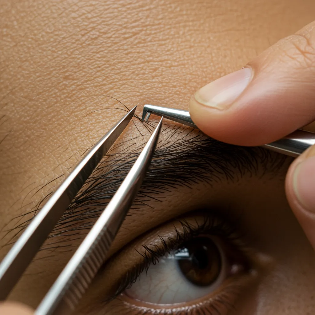 Épilation à la pince à épiler de la zone inter-sourcils chez un homme, geste précis en gros plan