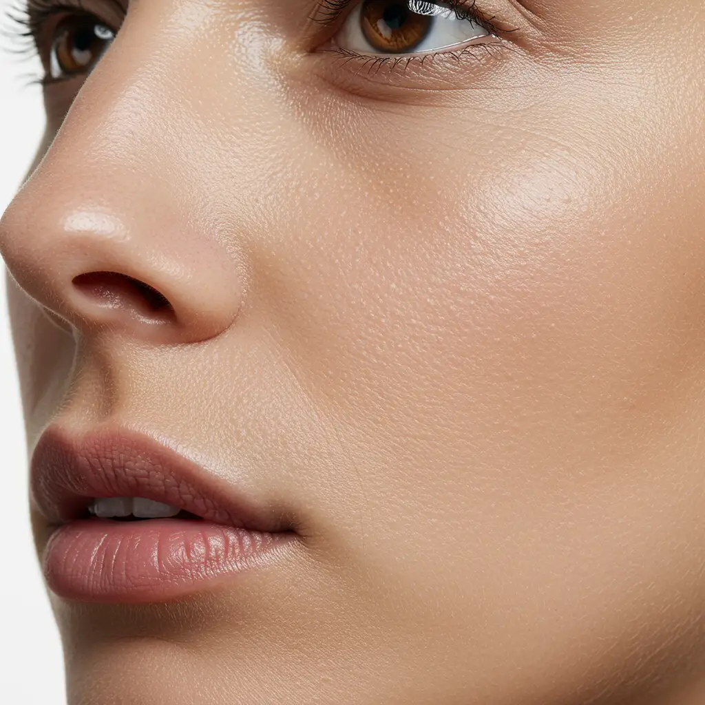 Gros plan sur la texture de la peau du nez montrant les pores visibles et la zone T