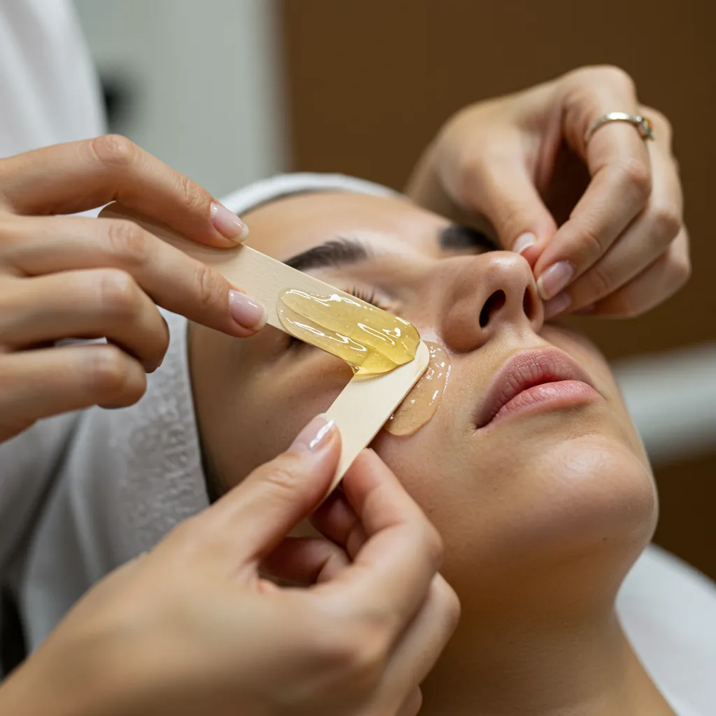 Application de cire chaude sur la lèvre supérieure pour l'épilation temporaire du visage