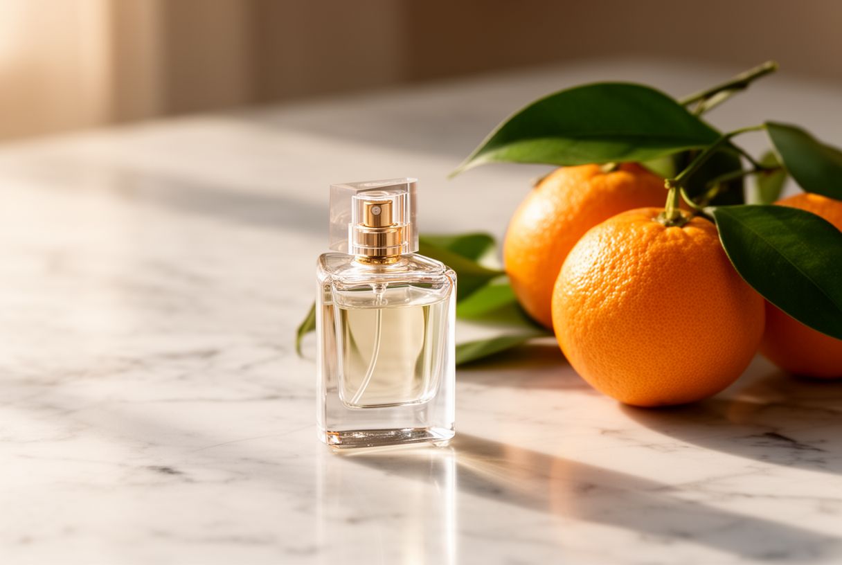Flacon de parfum posé sur du marbre avec des agrumes et des feuilles vertes