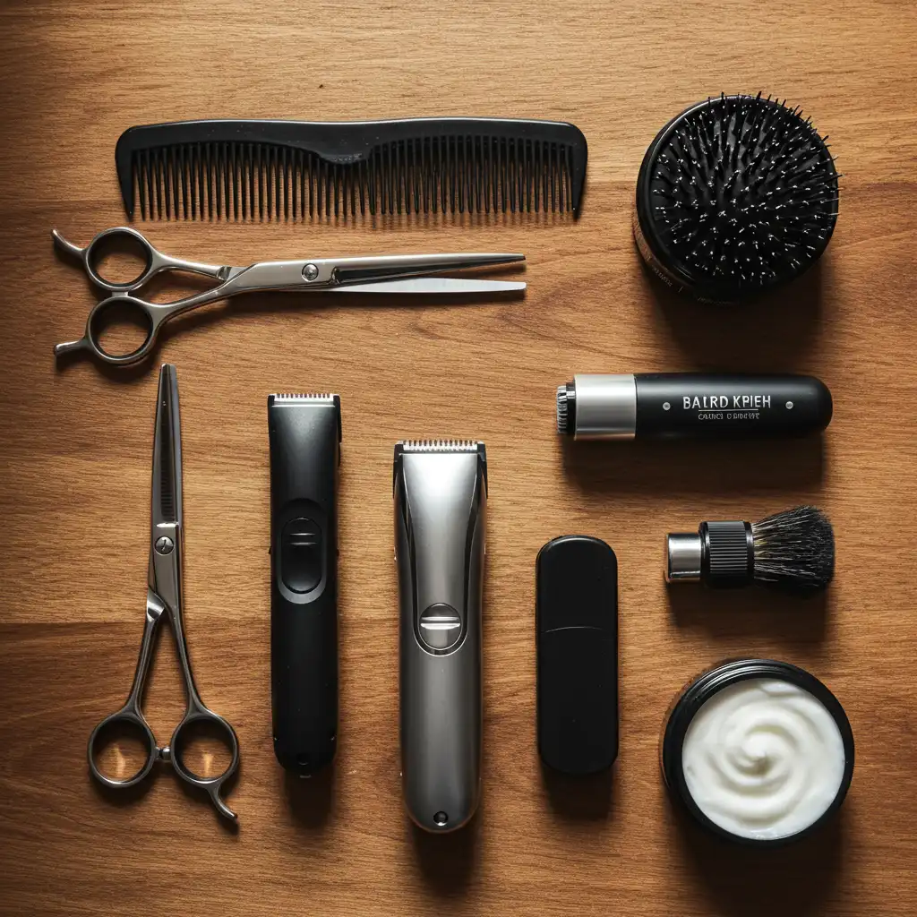 Outils de taille et d'entretien du bouc et de la barbe disposés sur une surface