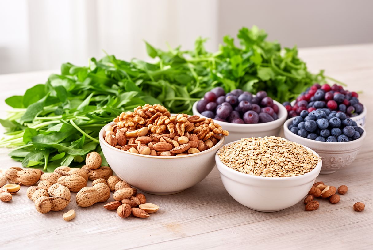 Aliments frais et équilibrés disposés sur une table en bois clair