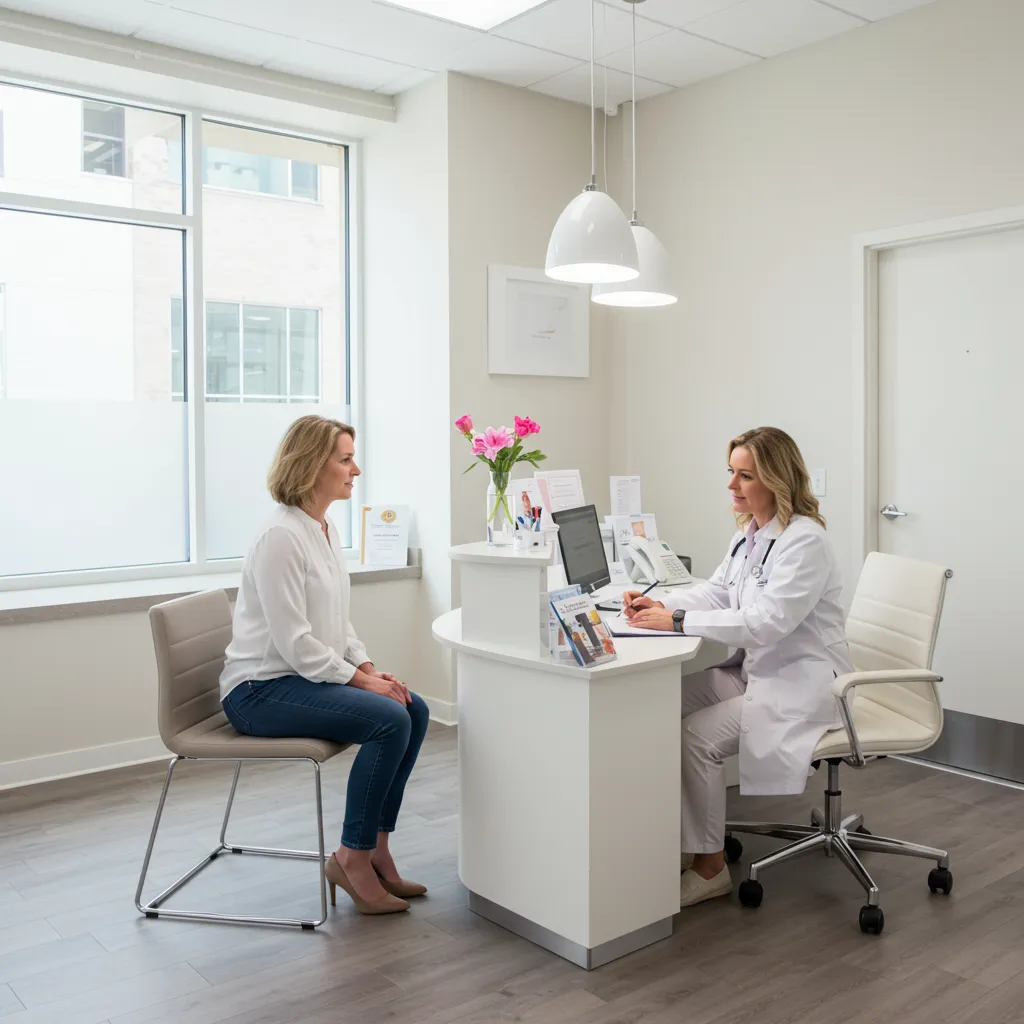 Patient en consultation chez un dermatologue dans un cabinet médical lumineux pour traiter des rougeurs persistantes au visage