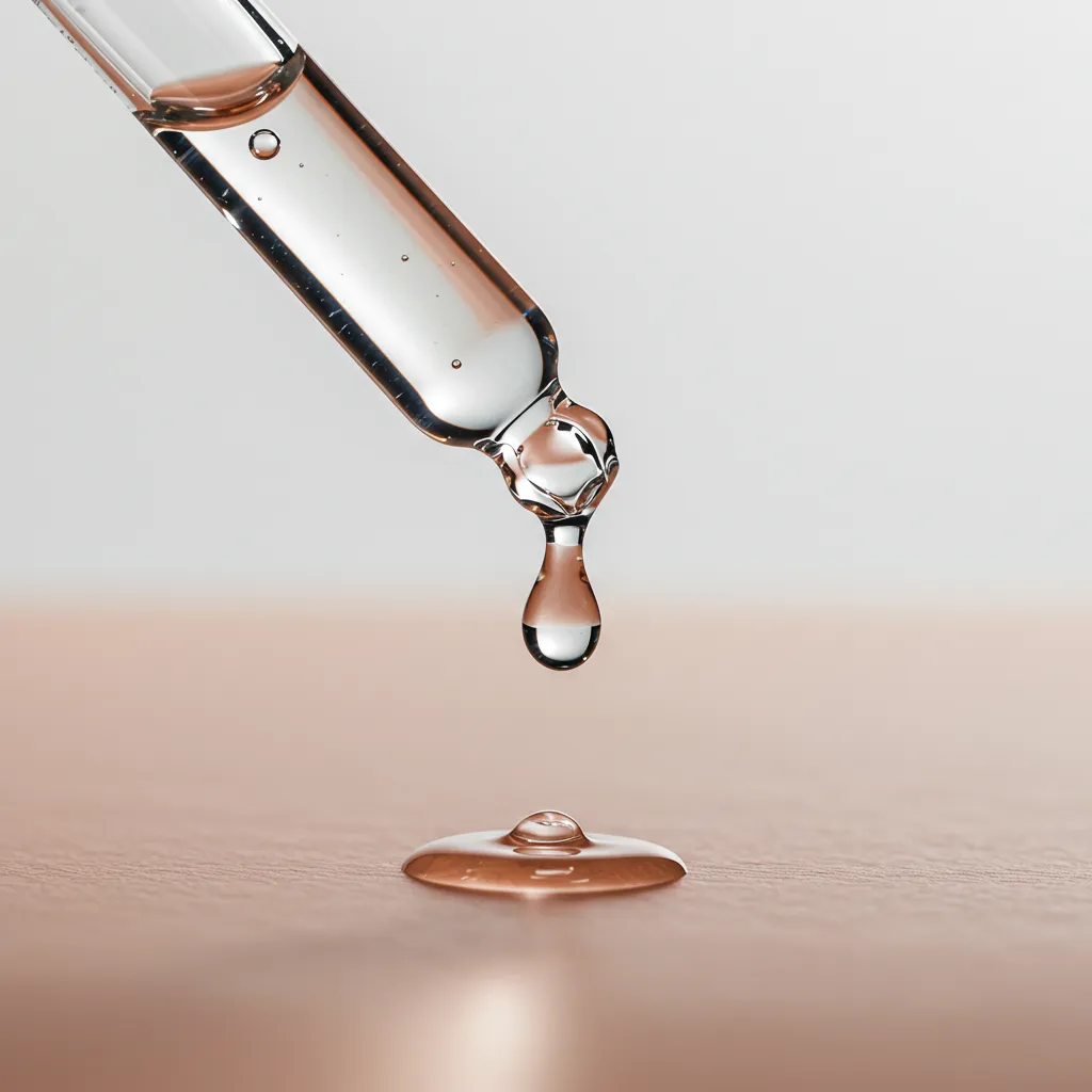 Gros plan d'un sérum peptide argireline s'écoulant d'un compte-gouttes, illustrant le mécanisme d'action topique