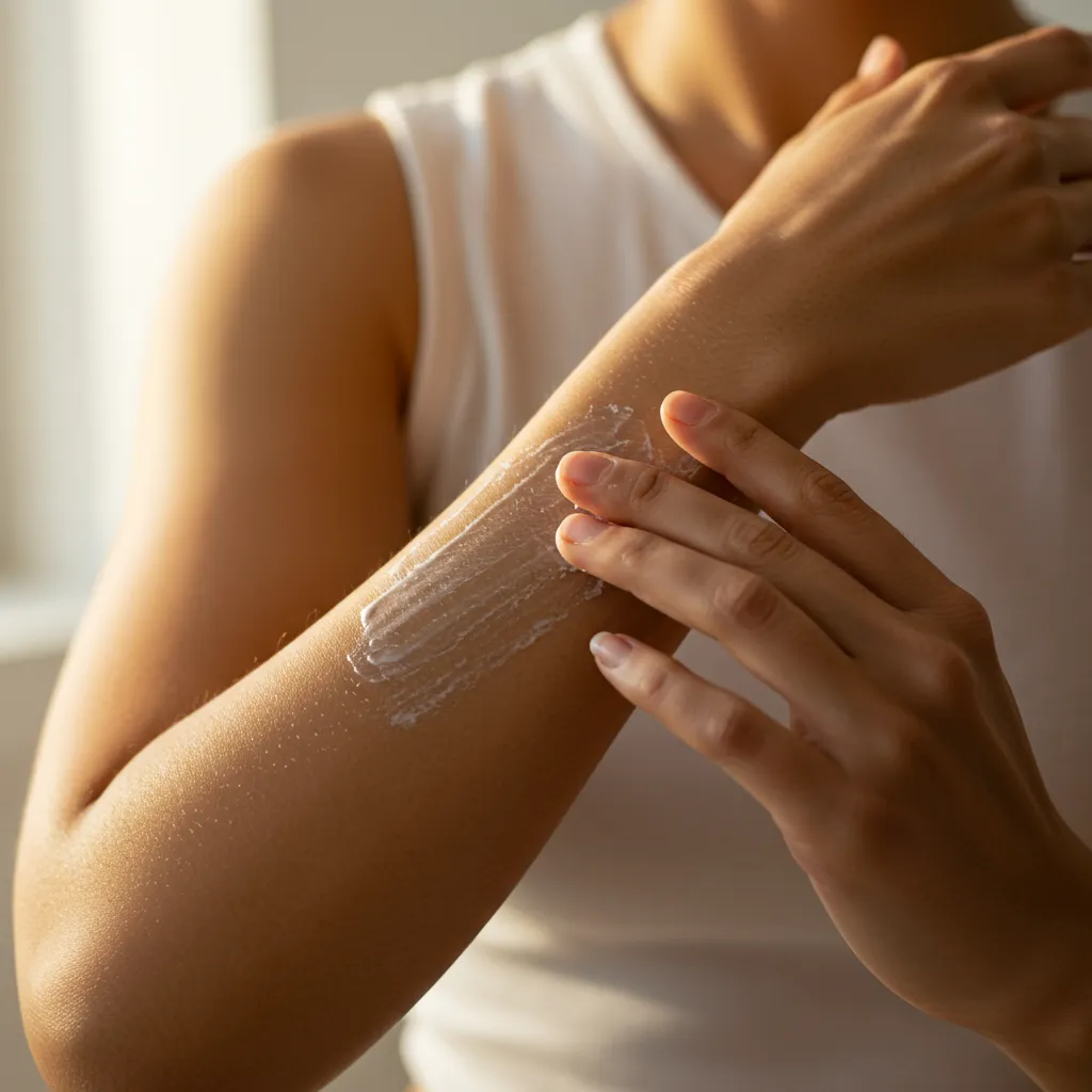 Application de crème hydratante sur peau sèche – effet secondaire courant de l'isotrétinoïne nécessitant une routine de soin adaptée