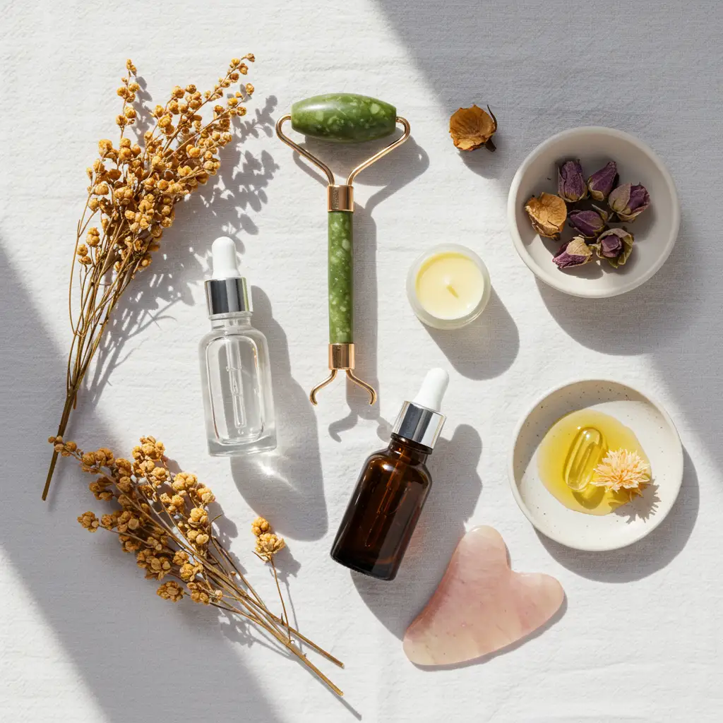 Produits de soin naturels pour le visage disposés en flat lay, inspirés des routines beauté des actrices françaises
