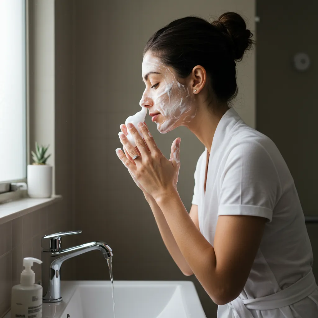 Femme appliquant un nettoyant doux sur la zone T du visage dans le cadre d'une routine anti-points noirs