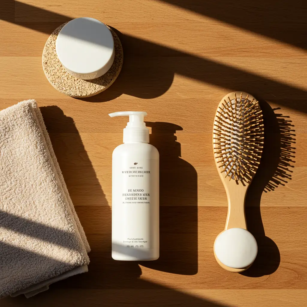 Mise à plat d'une routine de soins capillaires avec produits et accessoires sur fond naturel