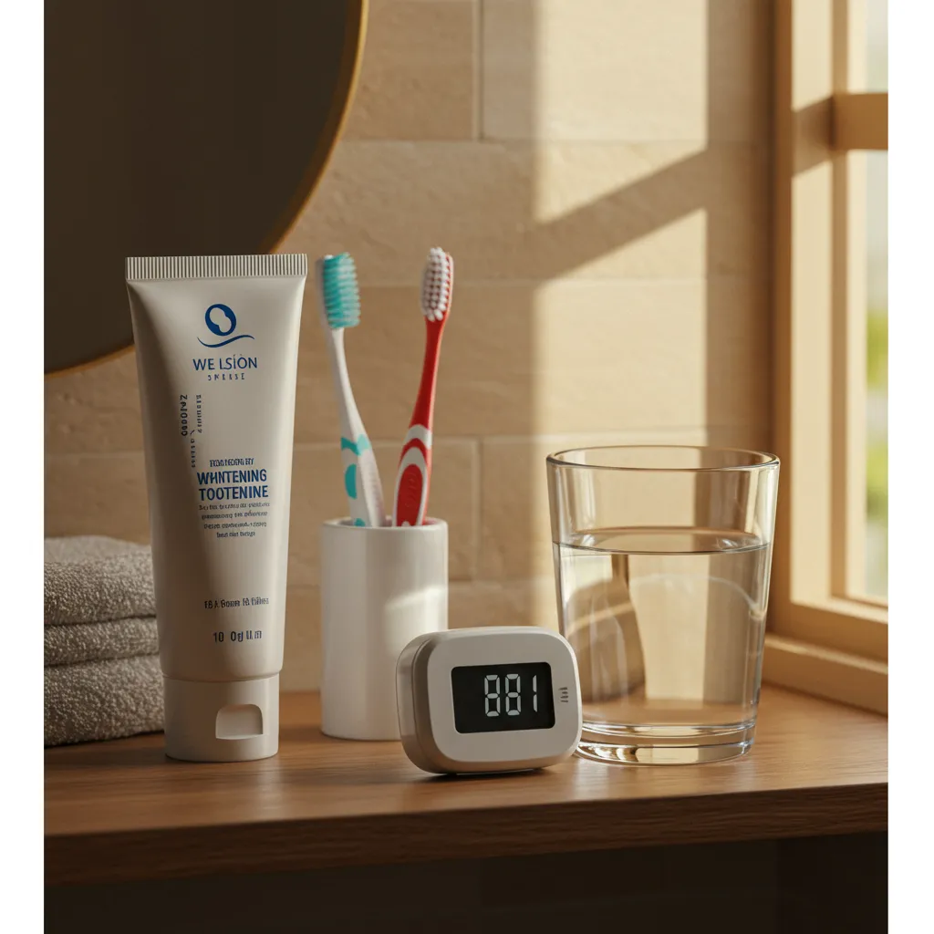 Routine de soin bucco-dentaire quotidienne pour maintenir des dents blanches : brosse à dents, dentifrice blanchissant et verre d'eau sur une étagère de salle de bain