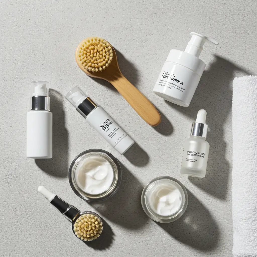 Composition plate d'une routine beauté complète avec brosse nettoyante et produits de soin