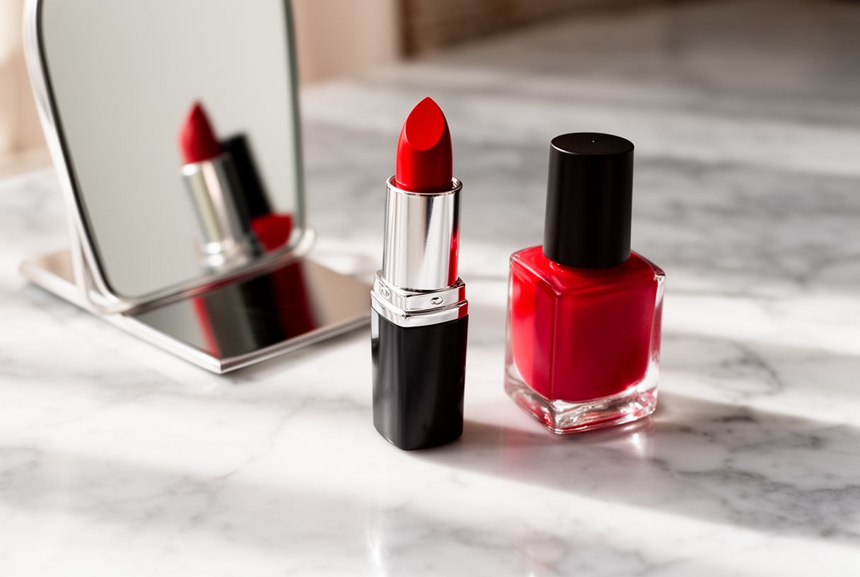 Rouge à lèvres et vernis rouge posés sur un plan en marbre en lumière naturelle