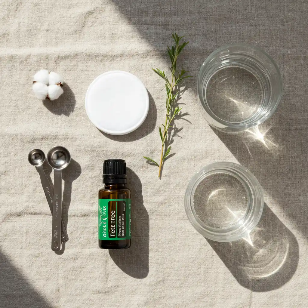 Kit d'utilisation sécurisée de l'huile essentielle de tea tree avec huile végétale, coton et doseur, vue de dessus
