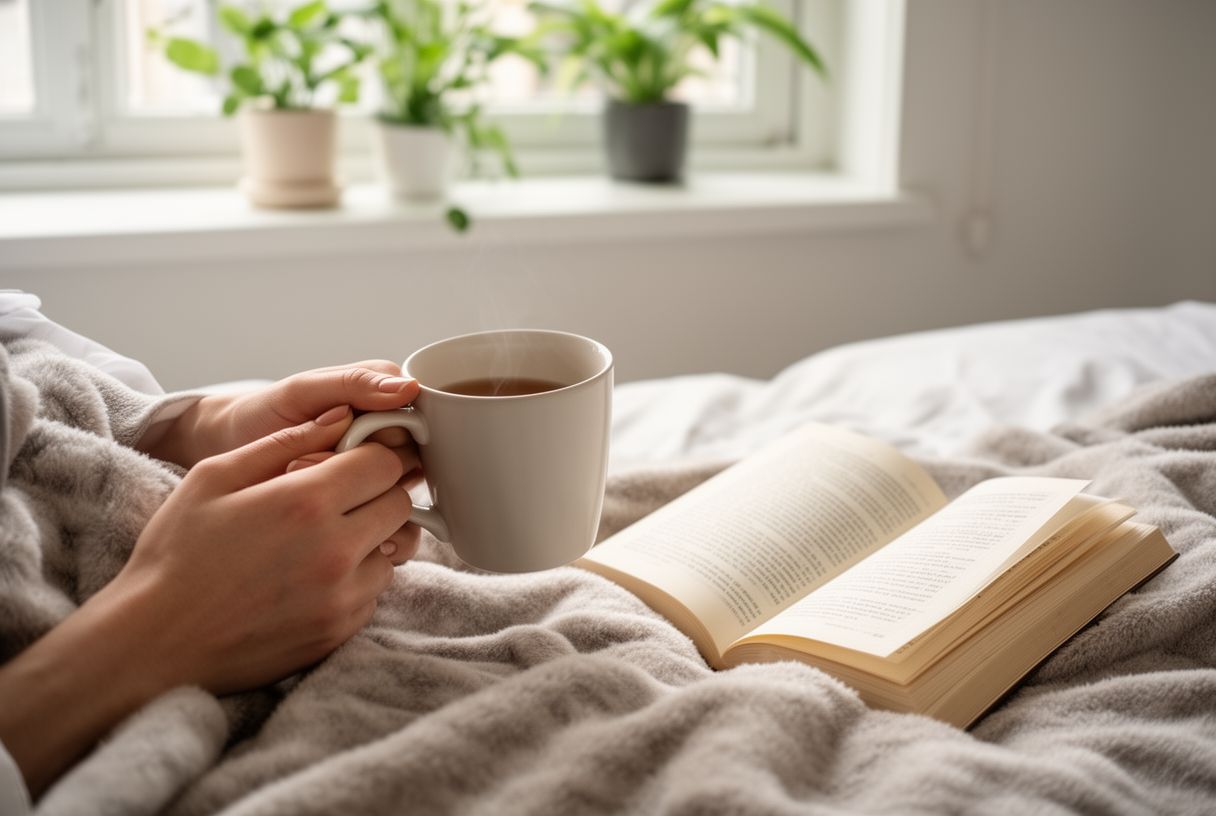 Moment de repos et de soin de soi au lit avec une tasse chaude et un livre