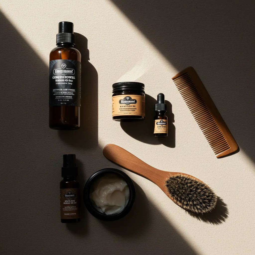 Mise à plat des produits de soin pour la barbe : shampoing, après-shampoing, huile et peigne