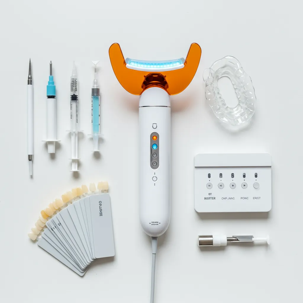 Comparatif des outils de blanchiment dentaire professionnel : lampe LED, gouttières et guide de teintes disposés sur une surface blanche