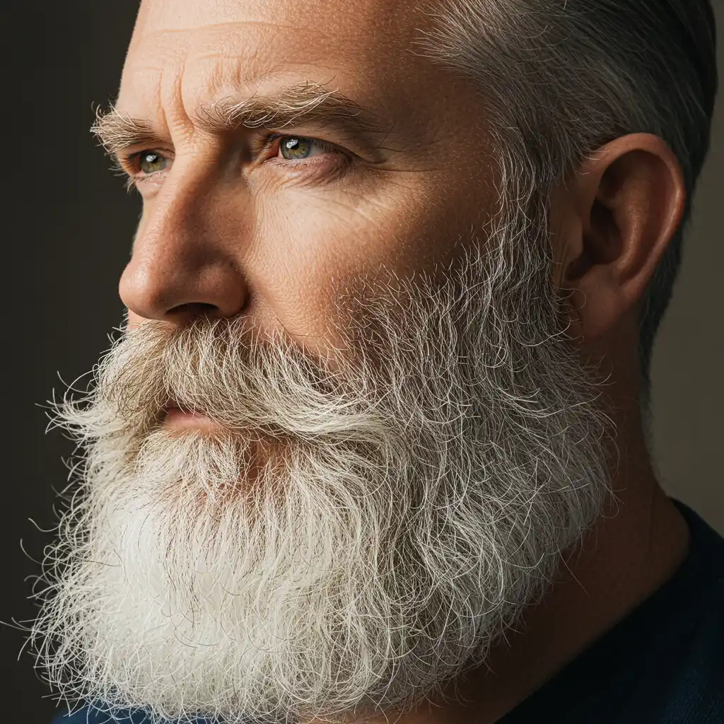 Portrait d'un homme mature avec une barbe blanche et grise bien entretenue et éclatante