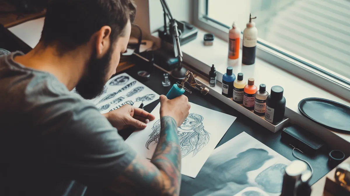 Espace de travail d'un artiste tatoueur avec équipement, encres et croquis de design