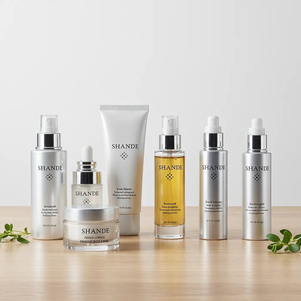 Six produits de soin visage alignés sur une surface en bois clair lors d'un test comparatif