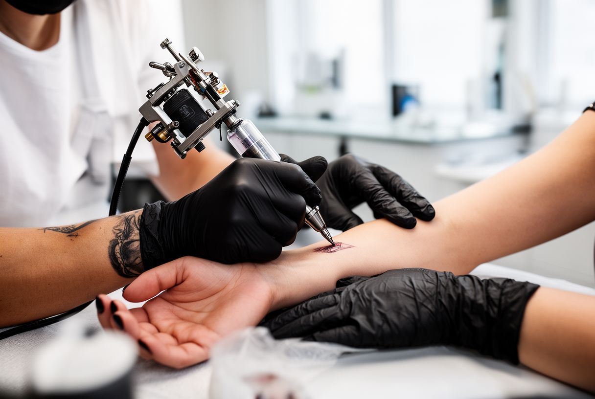 Une tatoueuse au travail sur le poignet d'une cliente dans un studio lumineux
