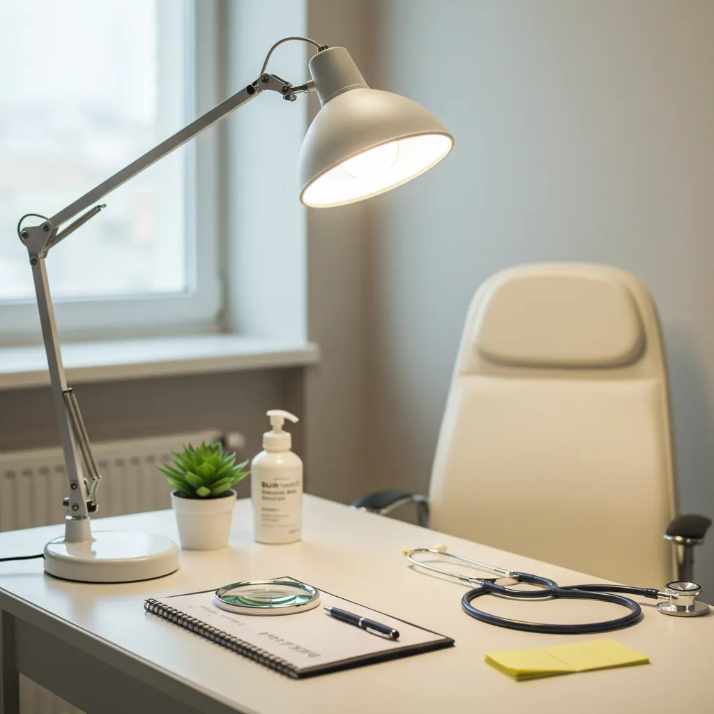 Cabinet de dermatologue avec lampe loupe et matériel de consultation, illustrant l'importance de consulter un spécialiste pour des boutons au menton persistants