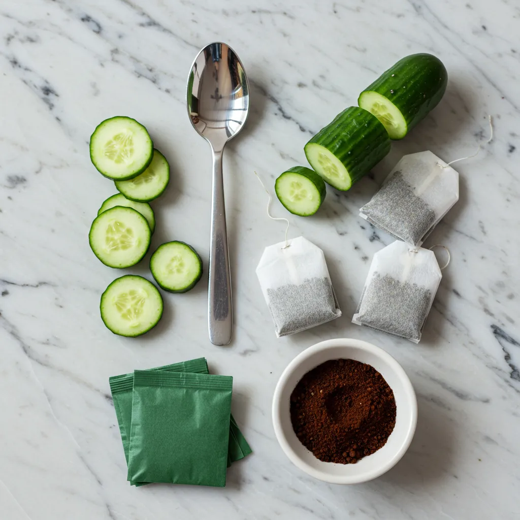 Arrangement des remèdes naturels contre les cernes (cuillère froide, concombre, thé vert, marc de café)