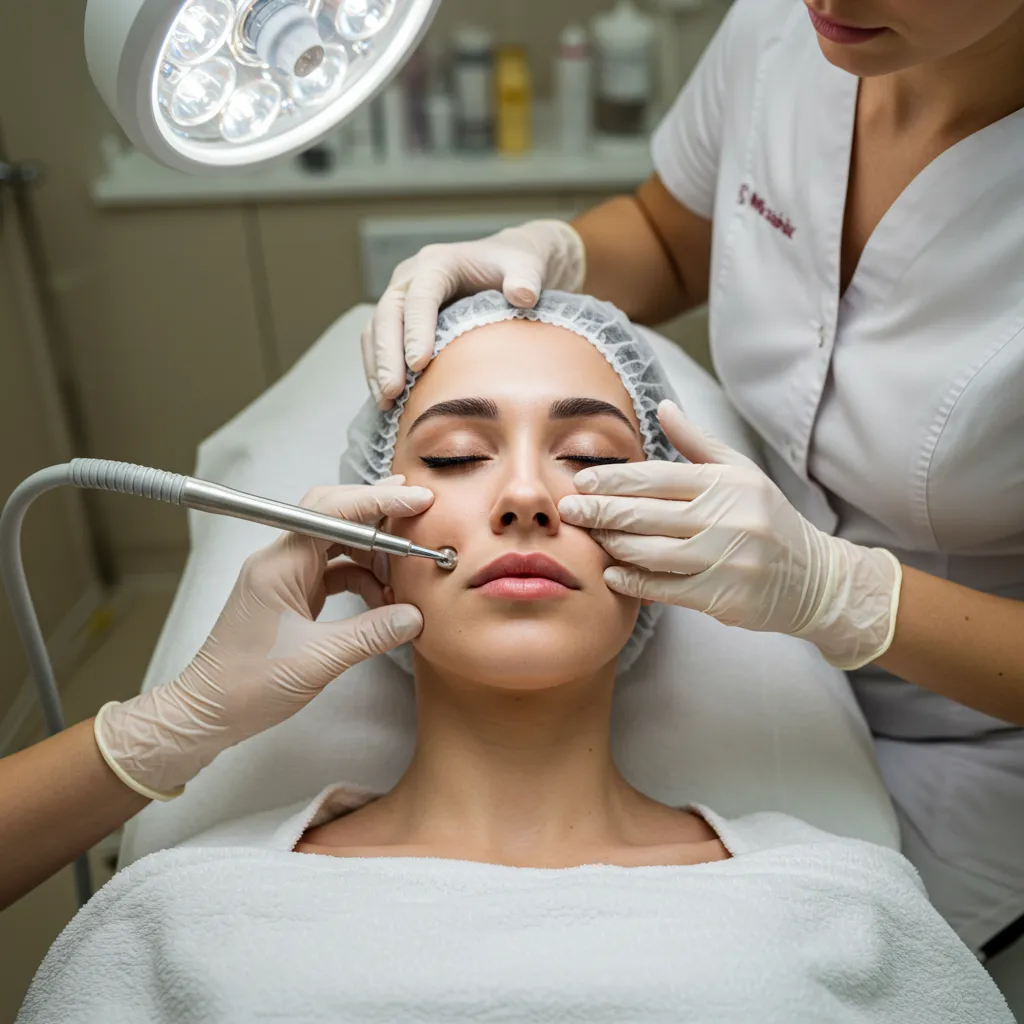 Vue d'une séance de traitement esthétique du contour des yeux en cabinet médical