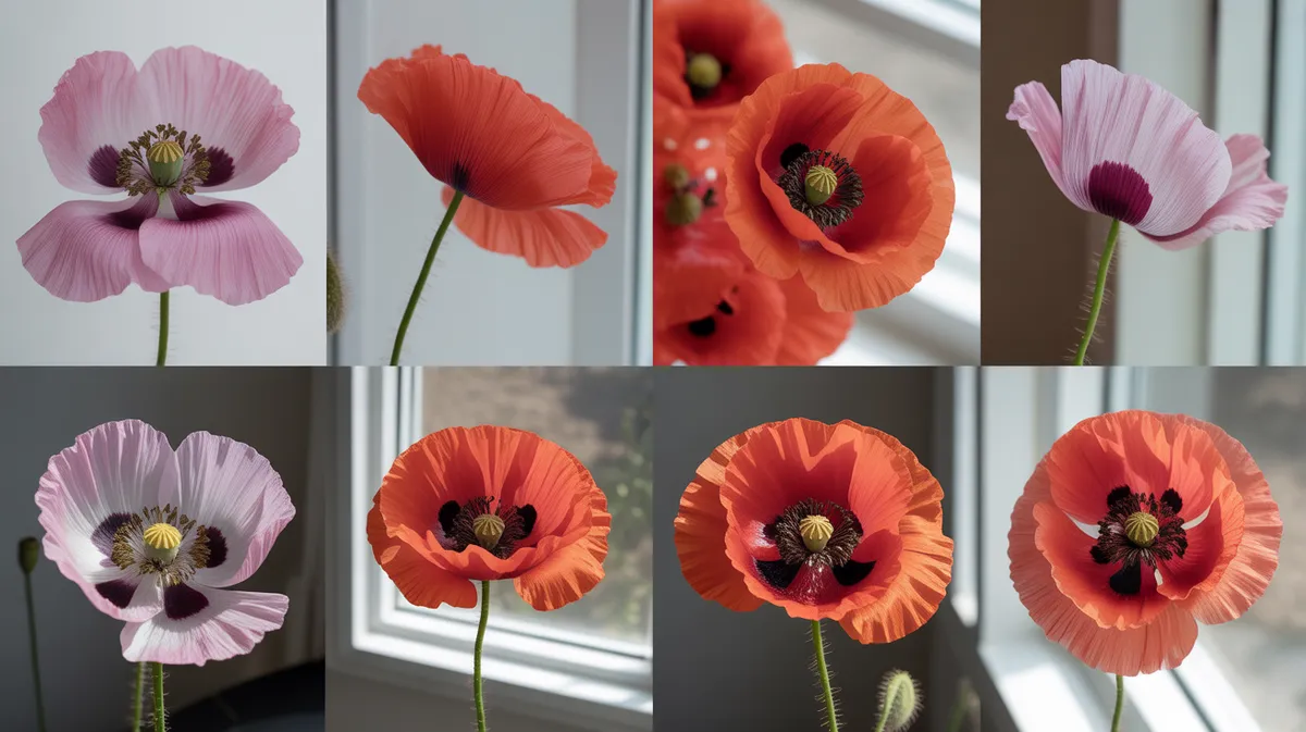 Composition artistique de pétales et fleurs de coquelicot en vue de dessus avec éclairage naturel
