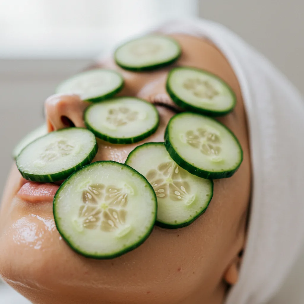 Application de rondelles de concombre frais sur le visage lors d'un soin beauté