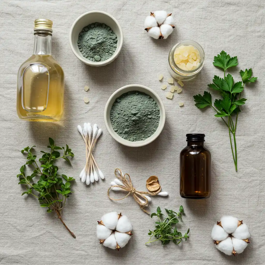 Vinaigre de cidre, argile verte et cotons-tiges pour traiter le bouton de fièvre