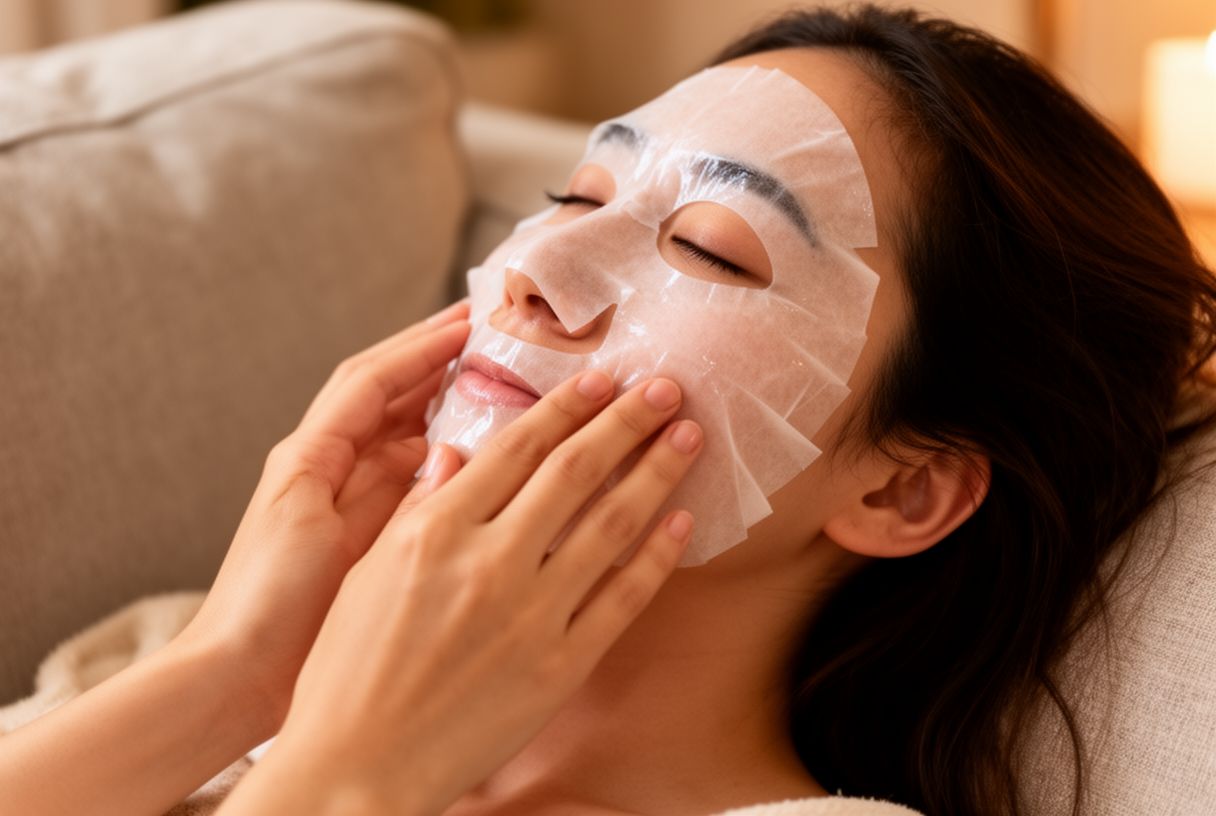 Femme appliquant un masque en tissu chez elle dans une ambiance cocooning