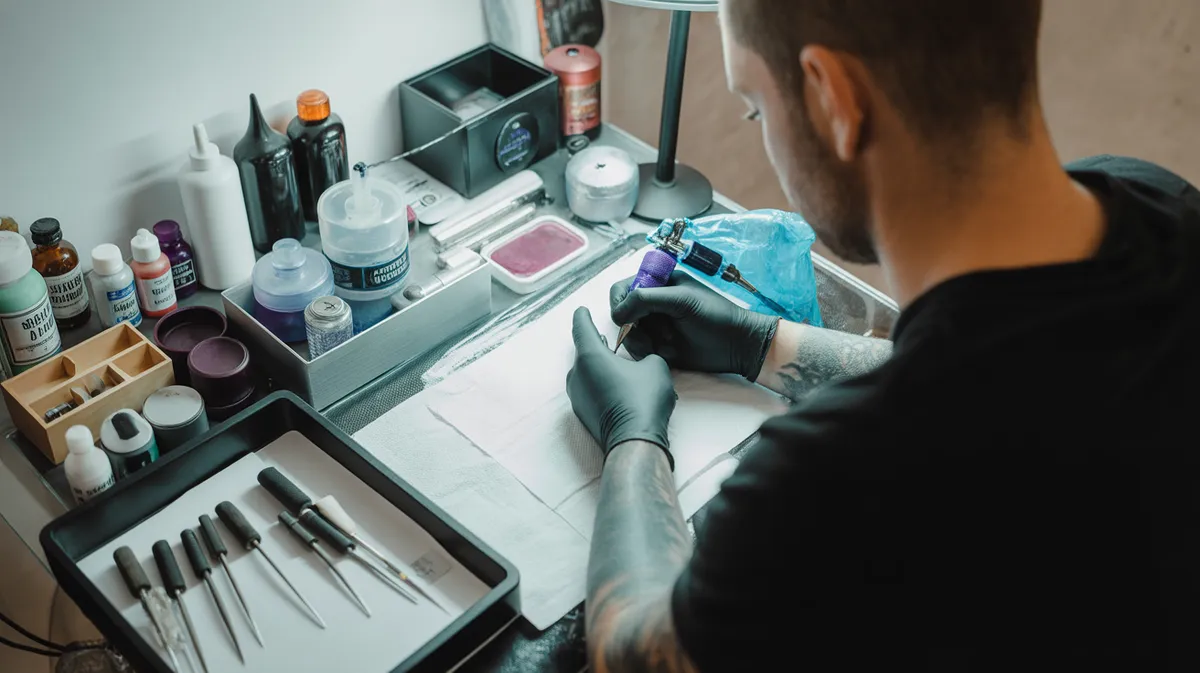 Vue de dessus d'un poste de travail de tatoueur avec équipement professionnel et matériel stérilisé