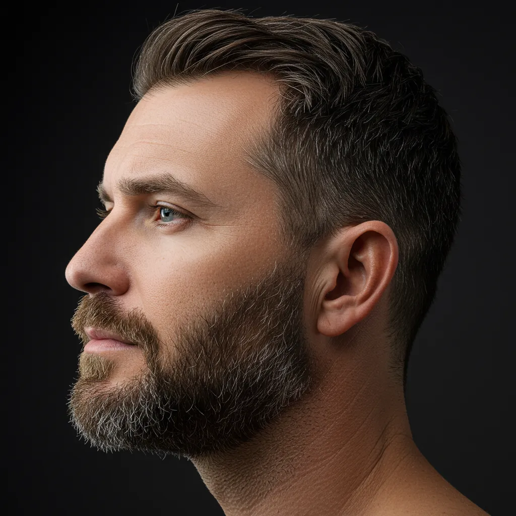 Portrait d'un homme avec une barbe courte adaptée à sa morphologie faciale