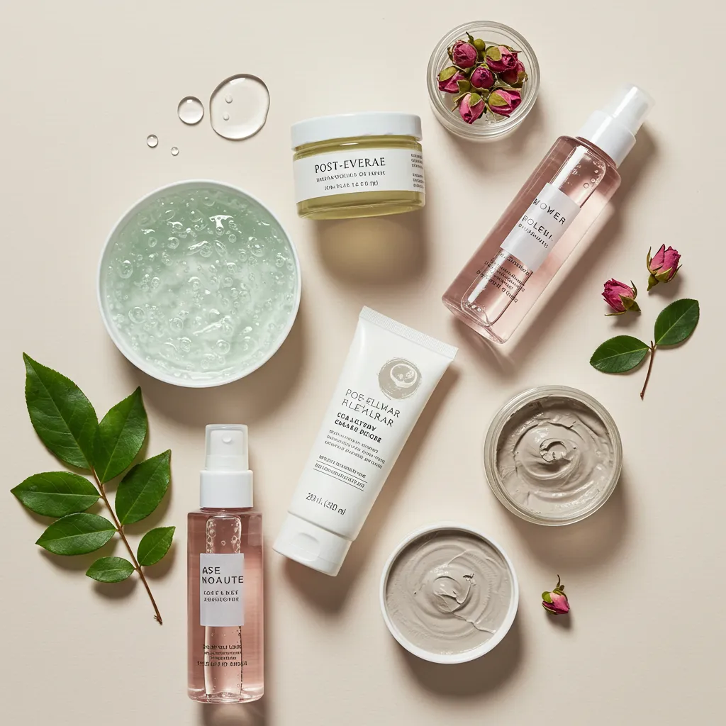 Vue de dessus des solutions de traitement post-épilation : gel d'aloe vera, masque à l'argile et eau florale