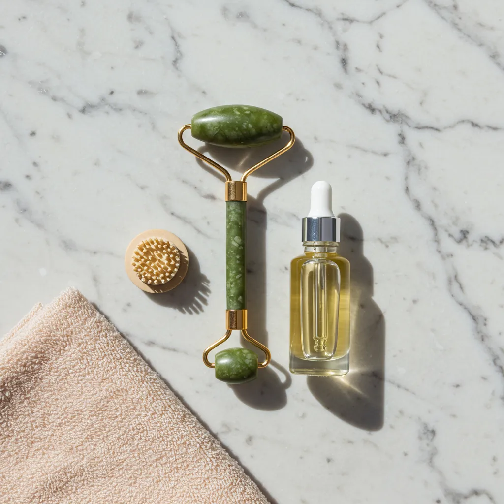 Accessoires de soin du visage et du cou posés sur une surface en marbre, illustrant une routine beauté anti-double menton