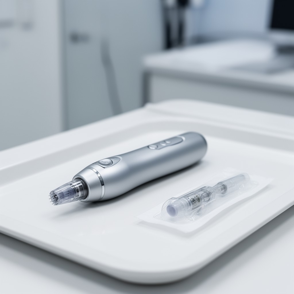 Stylo de micro-aiguillage posé sur un plateau stérile dans un cabinet de dermatologie