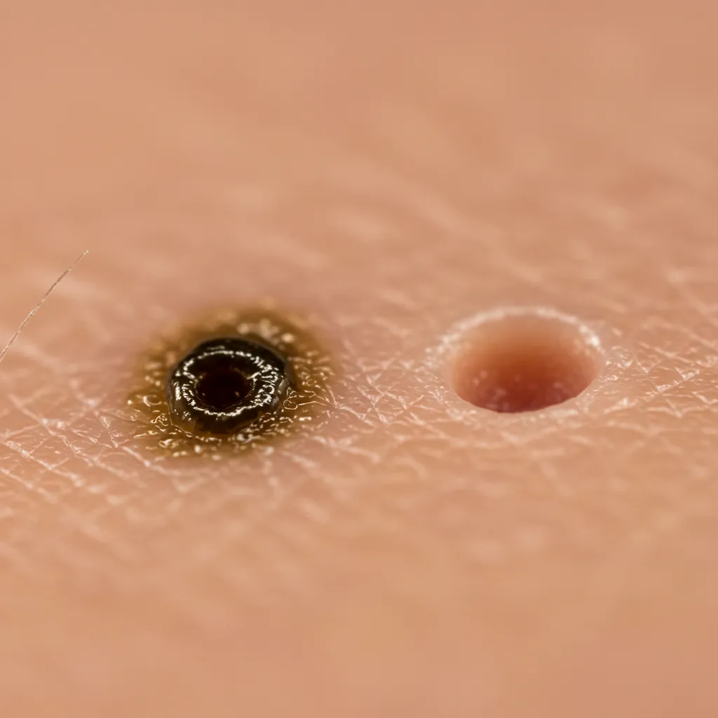 Comparaison en gros plan entre un point noir incrusté avec bouchon oxydé et un pore dilaté sans bouchon sur la peau