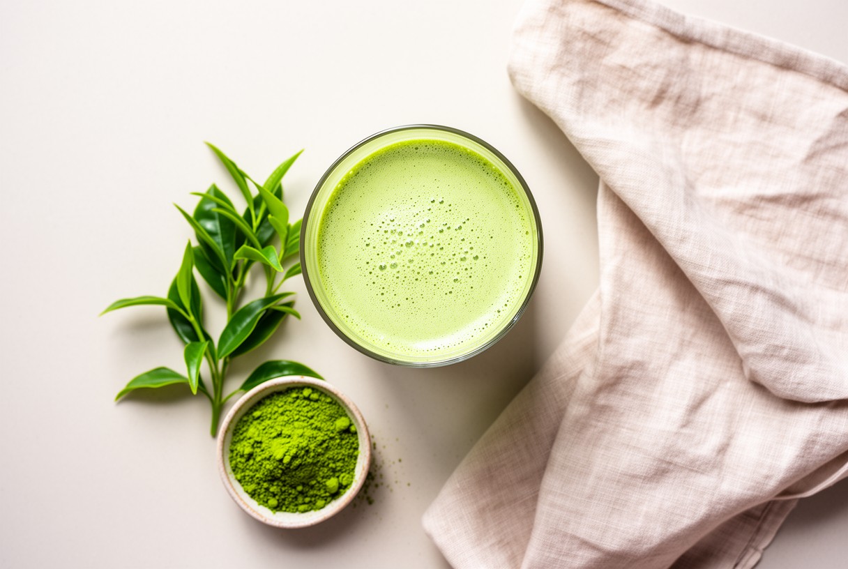 Matcha latte en flat lay avec feuilles de th&eacute; vert et poudre de matcha