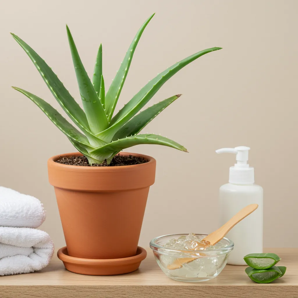 Plante d'aloe vera en pot sur une étagère de salle de bain avec un bol de gel frais et une spatule en bois