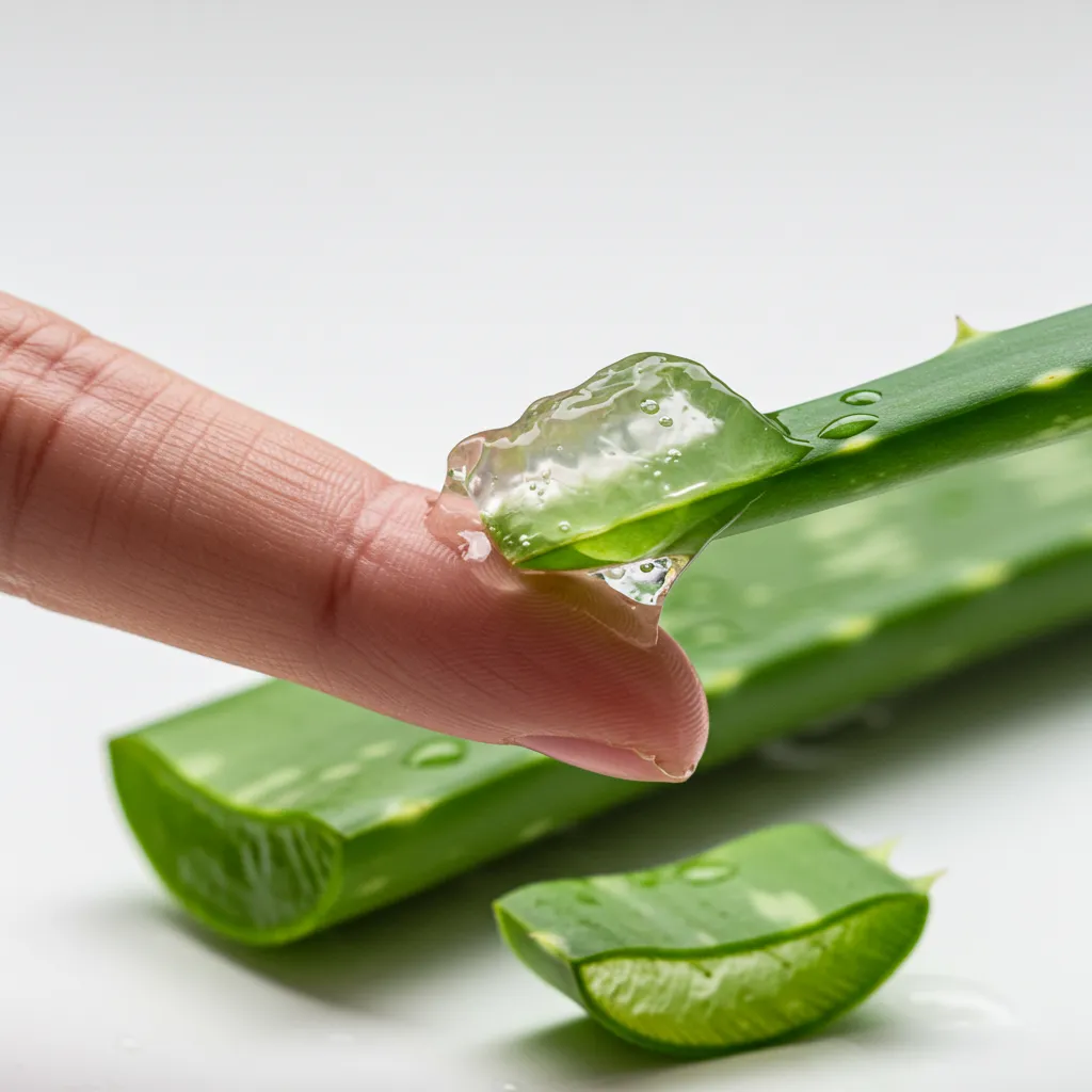 Gros plan sur du gel d'aloe vera pur extrait d'une feuille fraîche, posé sur le bout d'un doigt